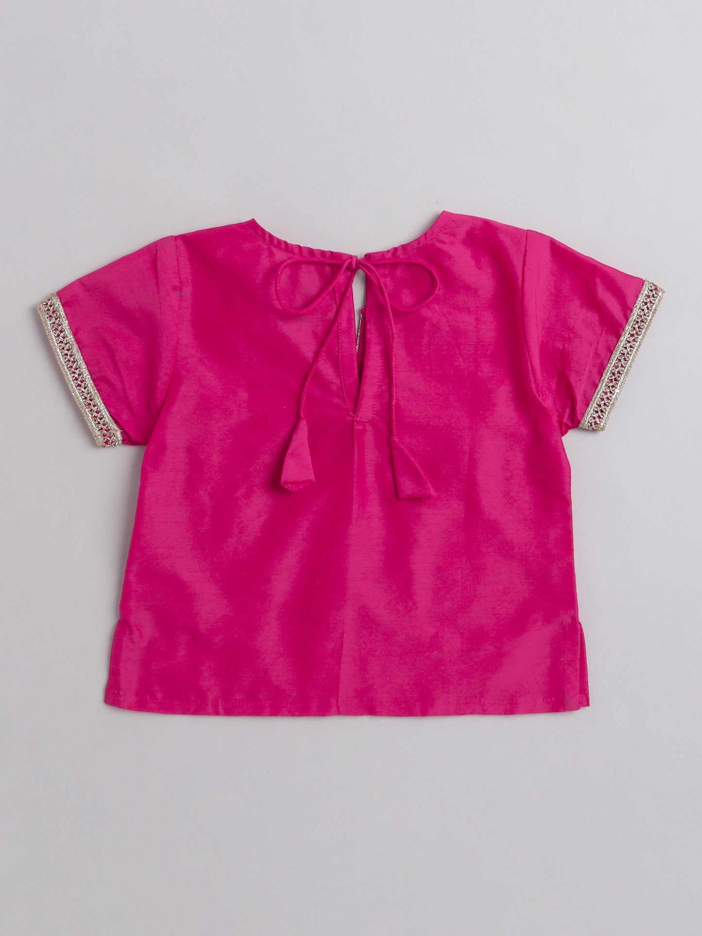 Half Sleeves Laced Embellished Choli With Flared Gota Flower Detailed Lehenga - Fuchsia Pink