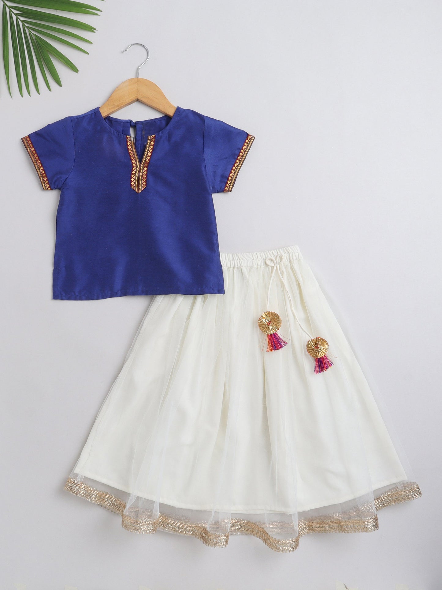 Half Sleeves Laced Embellished Choli With Flared Gota Flower Detailed Lehenga - Royal Blue