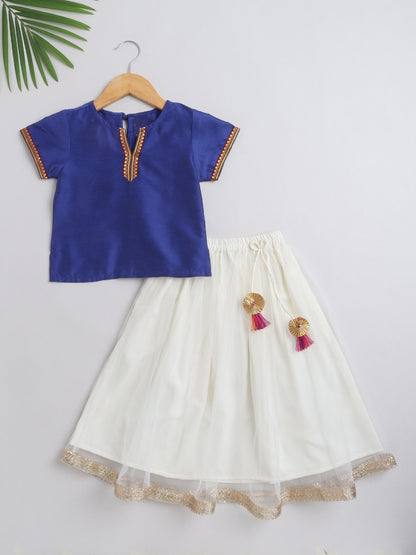 Half Sleeves Laced Embellished Choli With Flared Gota Flower Detailed Lehenga - Royal Blue