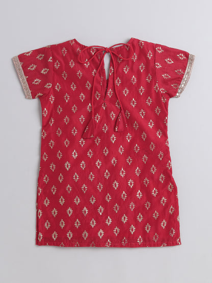 Foil Printed Lace Embellished Short Sleeves Top With Sharara And Dupatta Set For Girls-Red