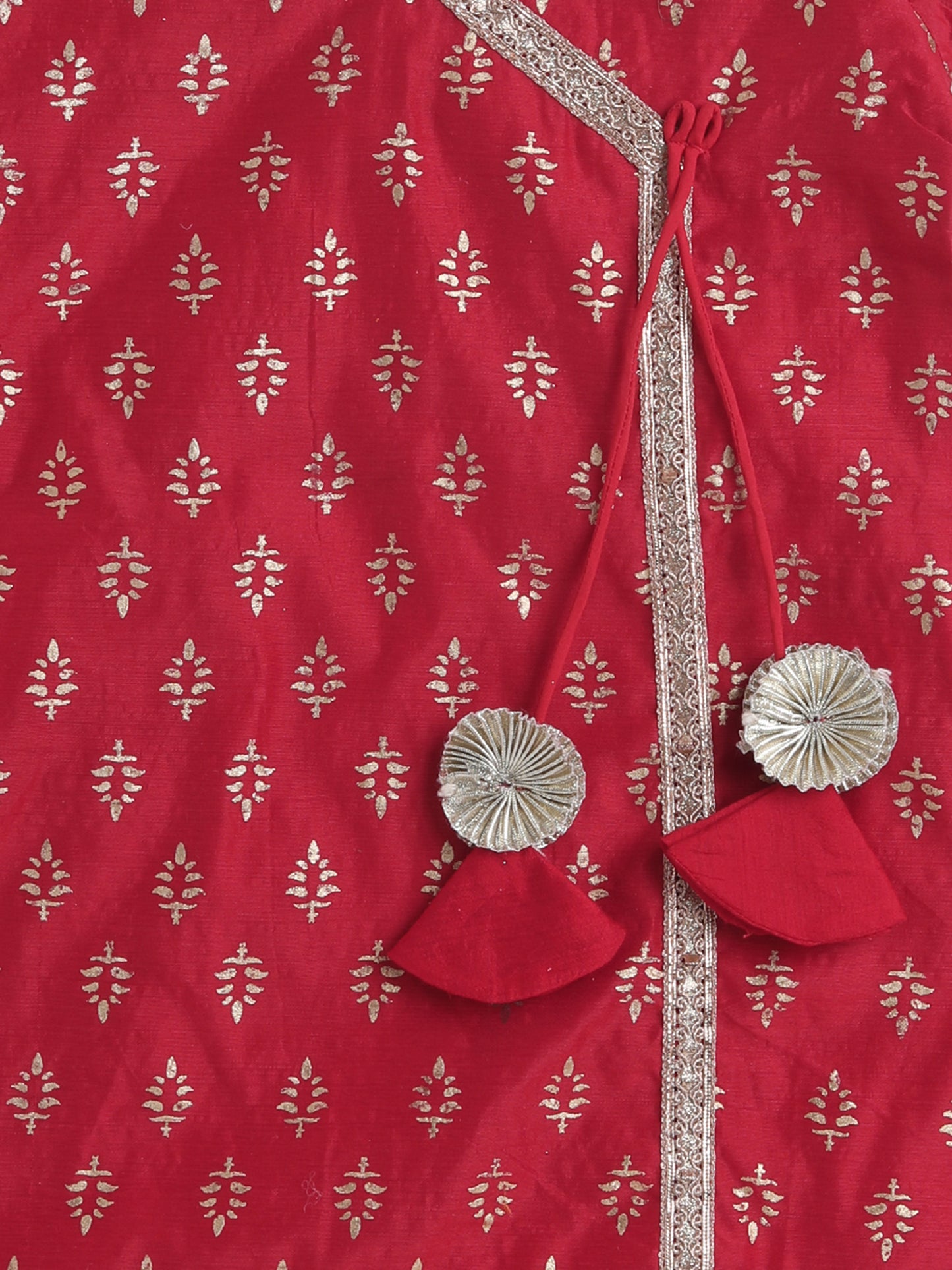 Foil Printed Lace Embellished Short Sleeves Top With Sharara And Dupatta Set For Girls-Red