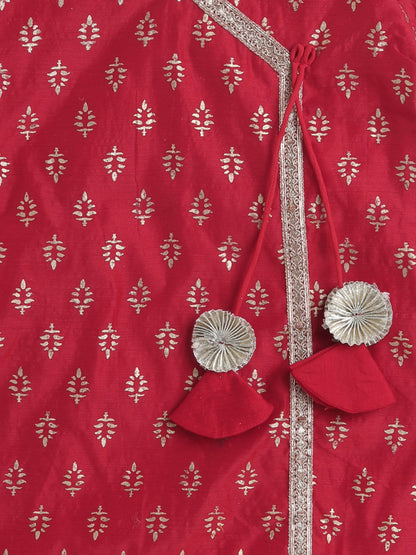 Foil Printed Lace Embellished Short Sleeves Top With Sharara And Dupatta Set For Girls-Red