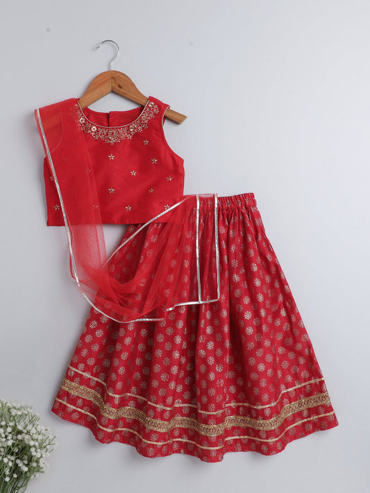 The Magic Wand Foil Printed Lace Embellished Short Sleeves Choli With Lehenga And Dupatta Set For Girls Red