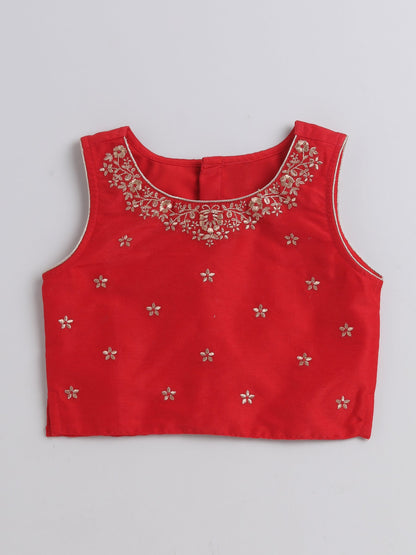 The Magic Wand Foil Printed Lace Embellished Short Sleeves Choli With Lehenga And Dupatta Set For Girls Red