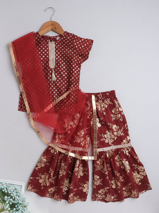Foil Printed Lace Embellished Short Sleeves Kurti With Floral Sharara and Dupatta Set For Girls-Maroon