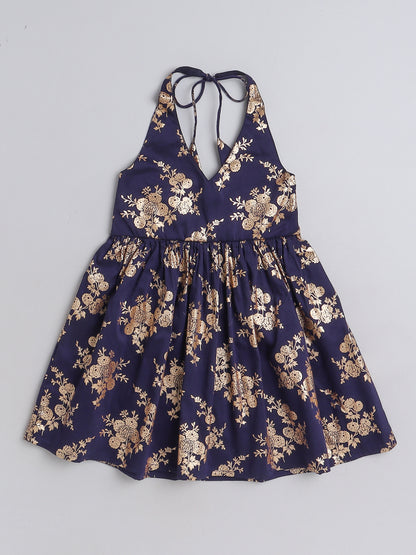 Foil Printed 3/4th sleeves Jacket with Halter Neck Floral Dress Set For Girls-Navy