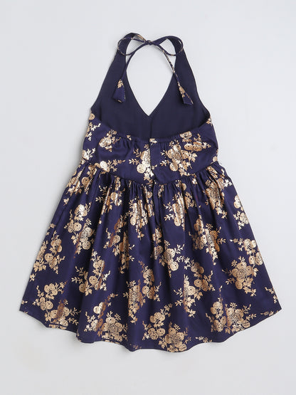 Foil Printed 3/4th sleeves Jacket with Halter Neck Floral Dress Set For Girls-Navy
