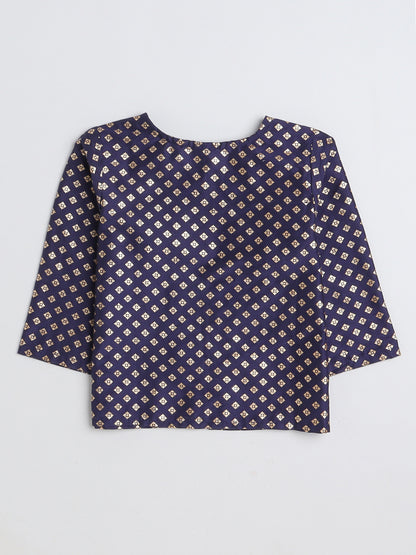 Foil Printed 3/4th sleeves Jacket with Halter Neck Floral Dress Set For Girls-Navy