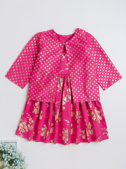 Foil Printed 3/4th sleeves Jacket with Halter Neck Floral Dress Set For Girls-Fuchsia