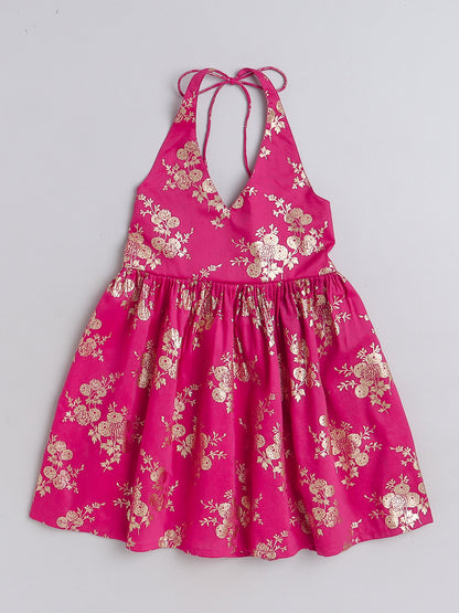Foil Printed 3/4th sleeves Jacket with Halter Neck Floral Dress Set For Girls-Fuchsia