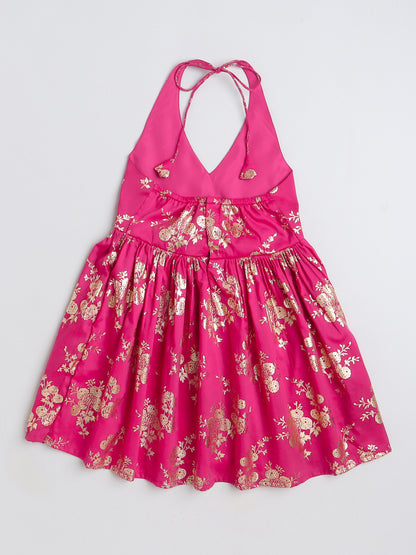 Foil Printed 3/4th sleeves Jacket with Halter Neck Floral Dress Set For Girls-Fuchsia