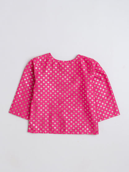 Foil Printed 3/4th sleeves Jacket with Halter Neck Floral Dress Set For Girls-Fuchsia