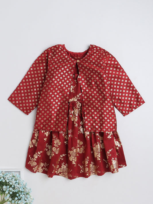 Foil Printed 3/4th sleeves Jacket with Halter Neck Floral Dress Set For Girls-Maroon