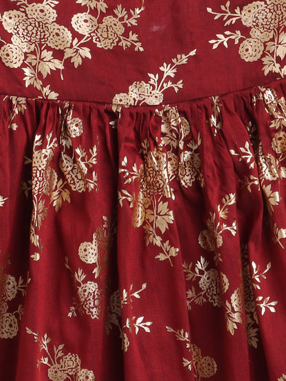 Foil Printed 3/4th sleeves Jacket with Halter Neck Floral Dress Set For Girls-Maroon