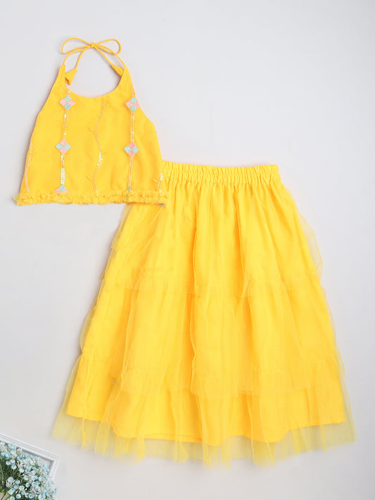Sequins Embelished Halter Neck Top With Net Ruffle Lehenga Set For Girls-Yellow