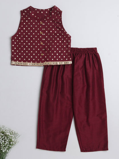 The Magic Wand All Over Polka Dots Printed Sleeveless Collar Neck Top And Pant Set For Girls Maroon