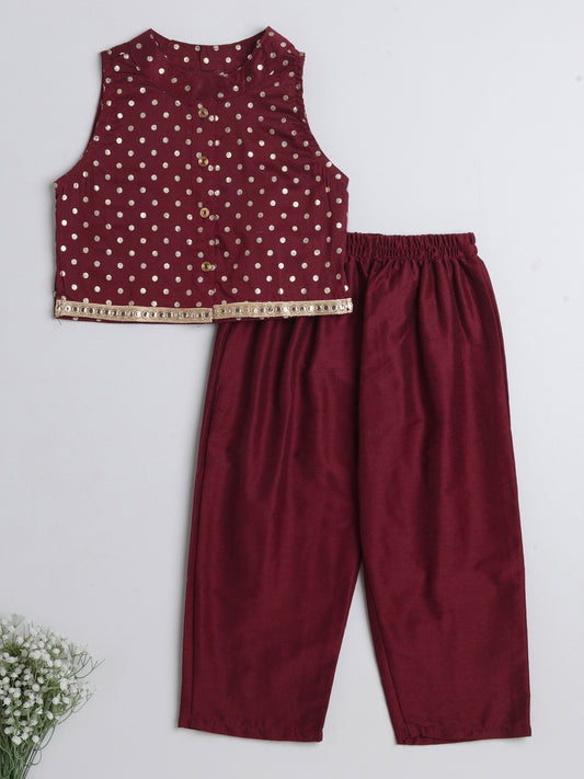 The Magic Wand All Over Polka Dots Printed Sleeveless Collar Neck Top And Pant Set For Girls Maroon