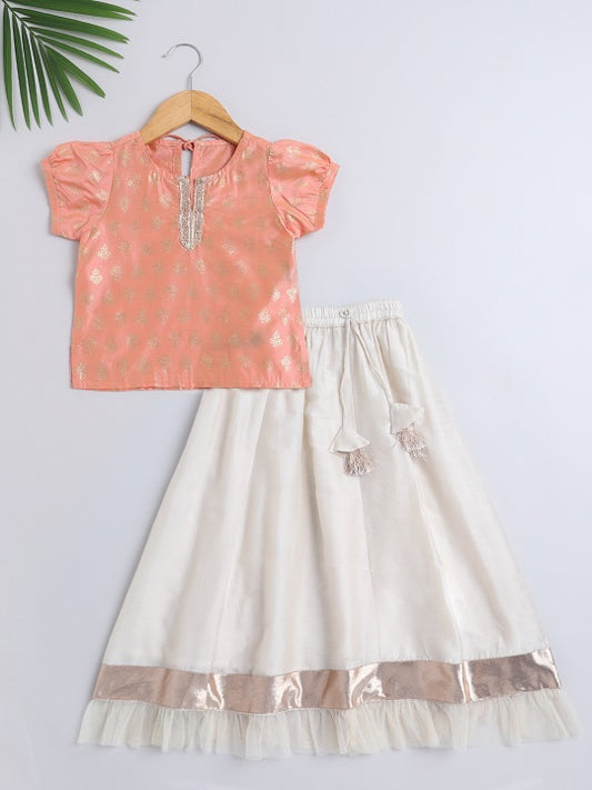 Festive Pattu Pavadai Onam/Pongal Collecion Lace Embellished Cap Sleeves Choli with Net Frills Lehenga Set-Peach