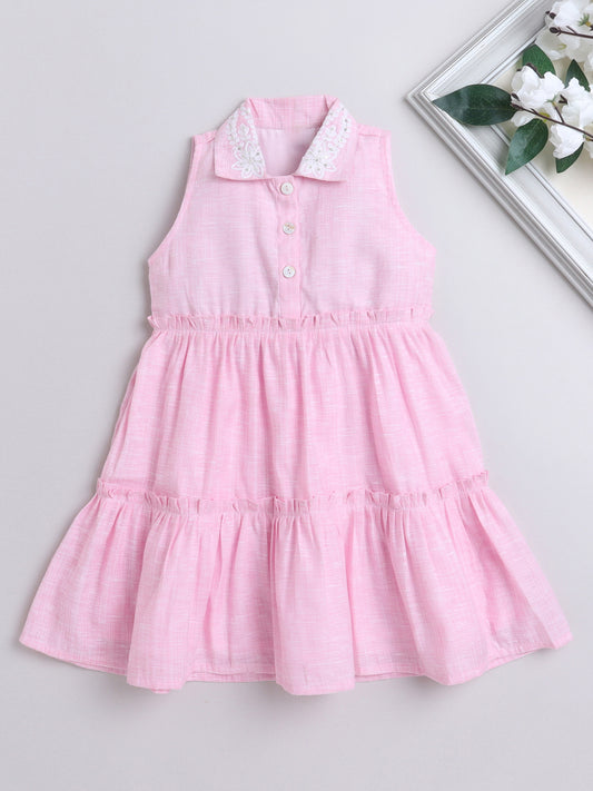 Cotton Embroidered Collar Neck Sleeveless Tiered Fit & Flare Dress-Pink