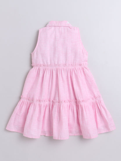 Cotton Embroidered Collar Neck Sleeveless Tiered Fit & Flare Dress-Pink