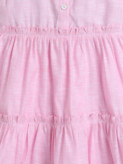 Cotton Embroidered Collar Neck Sleeveless Tiered Fit & Flare Dress-Pink