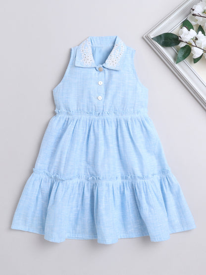 Cotton Embroidered Collar Neck Sleeveless Tiered Fit & Flare Dress-Blue