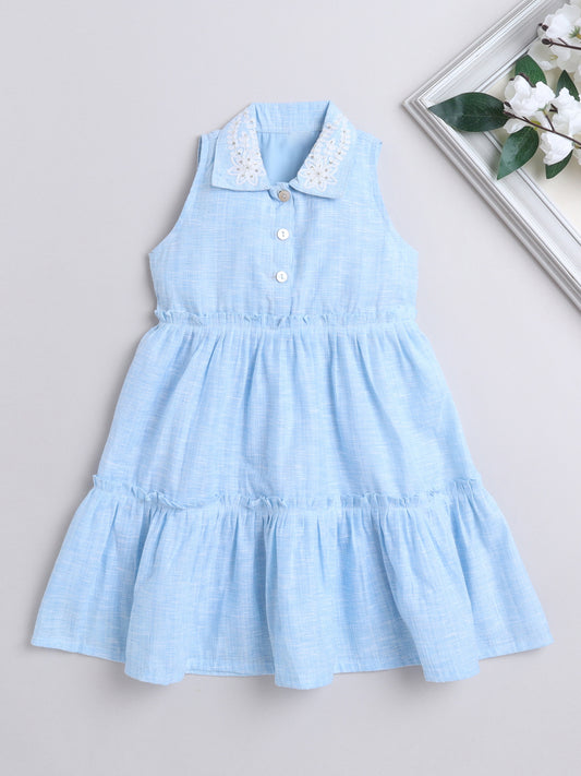 Cotton Embroidered Collar Neck Sleeveless Tiered Fit & Flare Dress-Blue