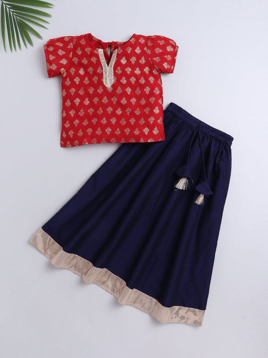 Half Sleeves Floral Printed Choli & Lace Embellished Lehenga Set - Red & Navy Blue