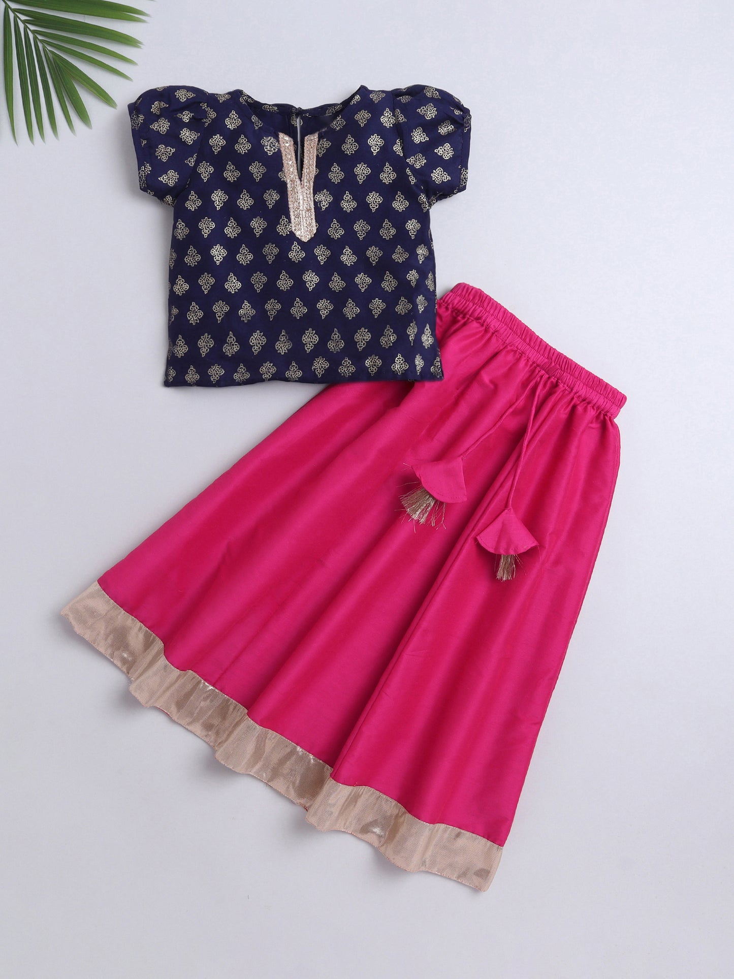 Festive Pattu Pavadai Lace Embellished Cap Sleeves Choli with Lehenga Set-Navy Blue, Fuchsia