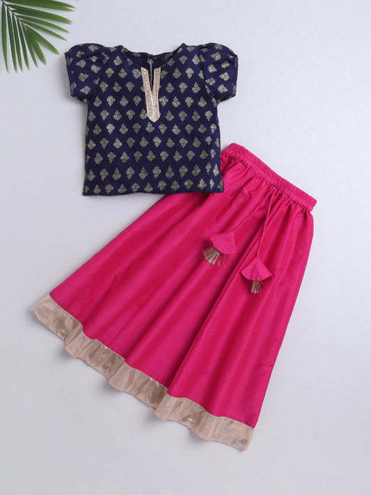 Festive Pattu Pavadai Lace Embellished Cap Sleeves Choli with Lehenga Set-Navy Blue, Fuchsia