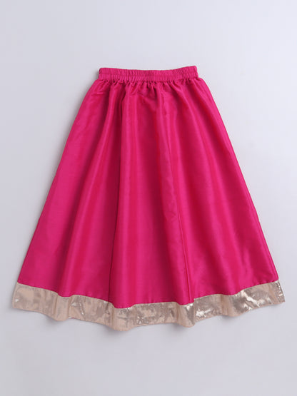 Festive Pattu Pavadai Lace Embellished Cap Sleeves Choli with Lehenga Set-Navy Blue, Fuchsia