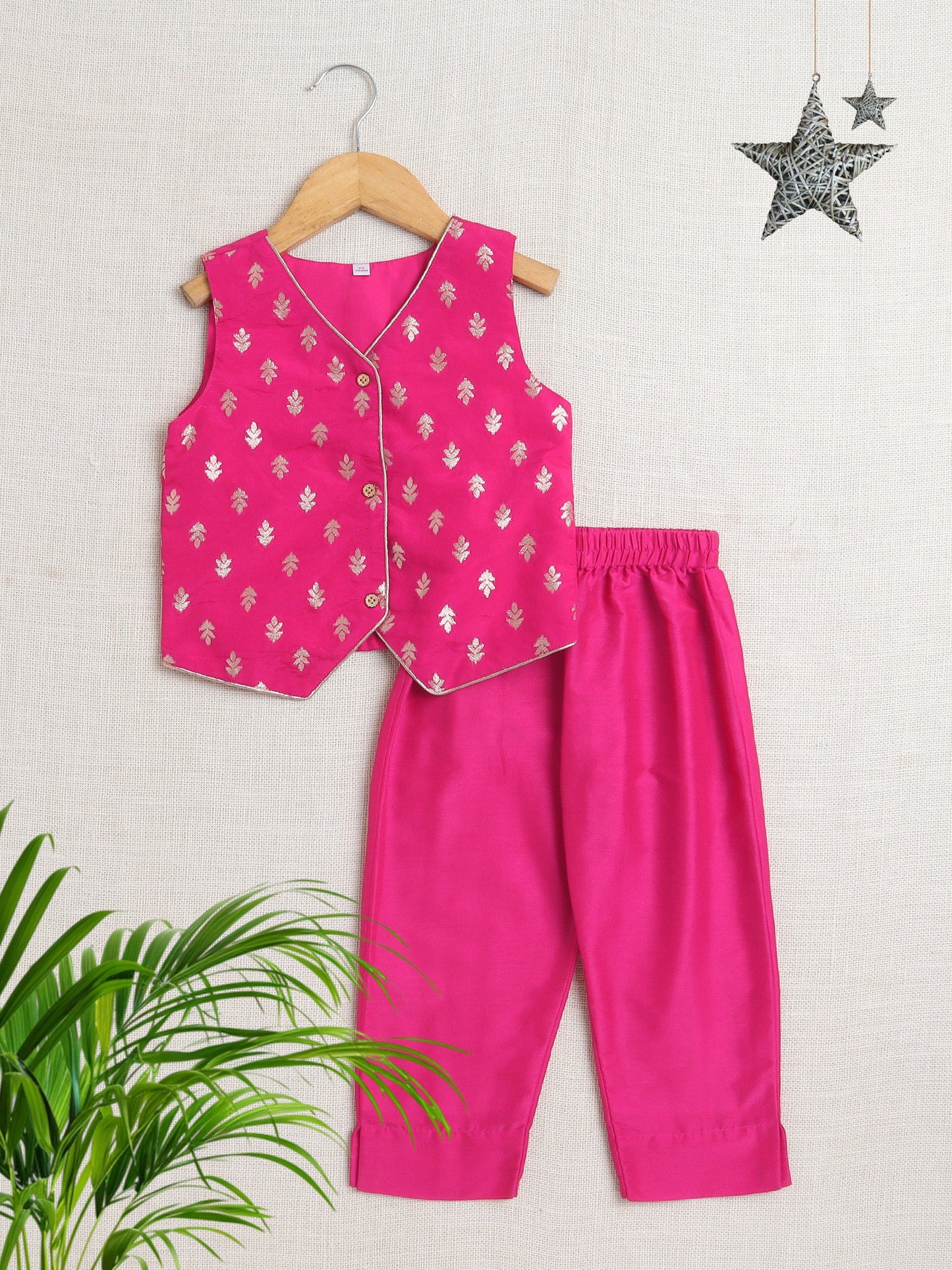The Magic Wand Bootie Printed Lace Embelished Waist and Pant Set For Girls Fuchsia