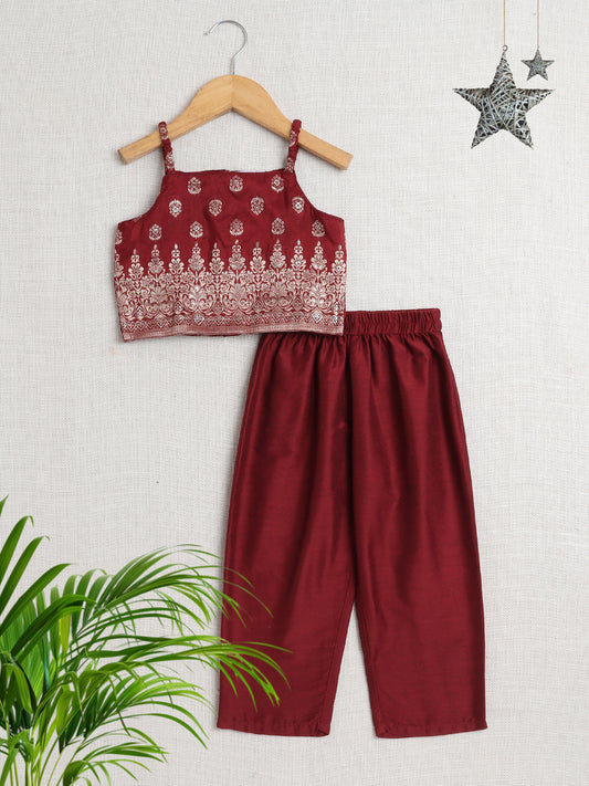 Bootie Printed Strappy Top and Pant Set Co-Ords Set For Girls-Maroon