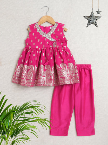 Bootie Printed Lace Embelished Sleeveless Top and Pant Set For Girls-Fuchsia