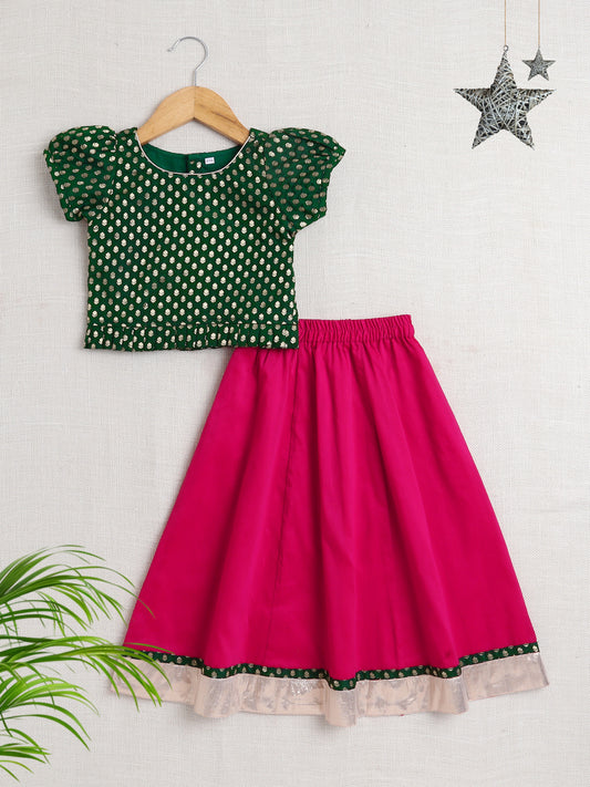 Half Sleeves Floral Printed Choli & Lace Embellished Lehenga Set-Green