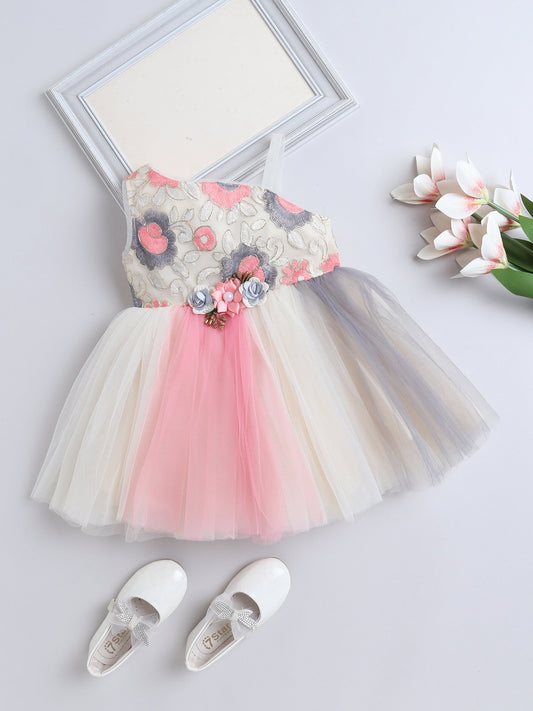 The Magic Wand One Shoulder Floral Applique Detailed Ombre Net Dress - Off White