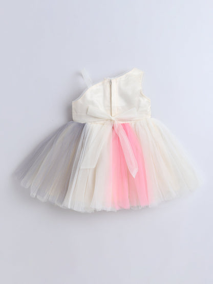 The Magic Wand One Shoulder Floral Applique Detailed Ombre Net Dress - Off White