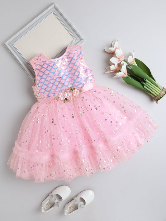 The Magic Wand Sleeveless Sequins Embellished Floral Applique Detailed Net Dress - Pink