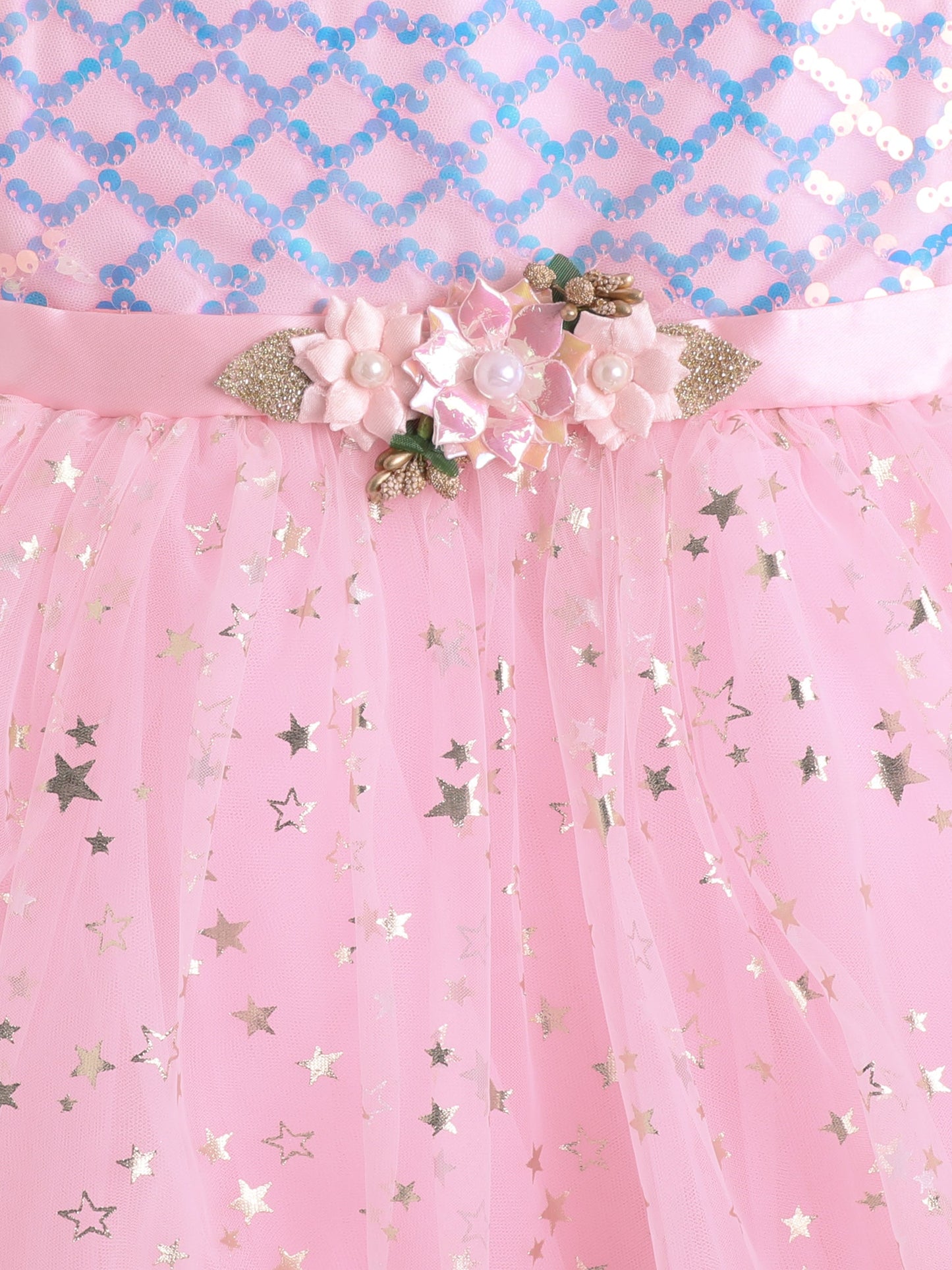 The Magic Wand Sleeveless Sequins Embellished Floral Applique Detailed Net Dress - Pink