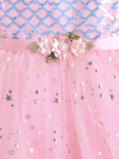 The Magic Wand Sleeveless Sequins Embellished Floral Applique Detailed Net Dress - Pink