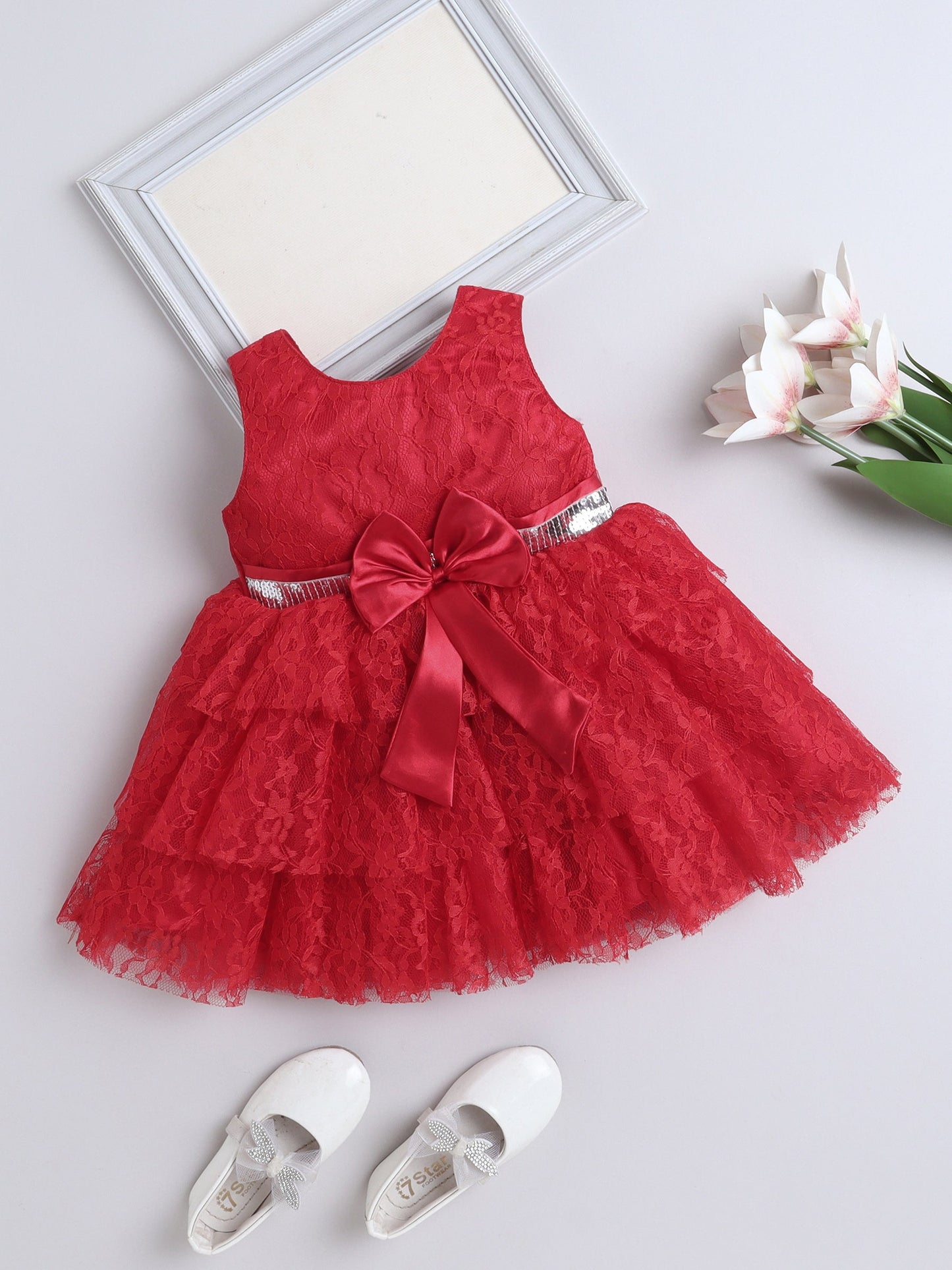 Sleeveless Floral Embroidered Sequins Embellished & Bow Applique Detailed Layered Dress - Red