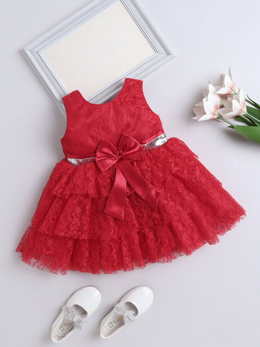 Sleeveless Floral Embroidered Sequins Embellished & Bow Applique Detailed Layered Dress - Red
