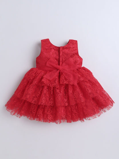 Sleeveless Floral Embroidered Sequins Embellished & Bow Applique Detailed Layered Dress - Red