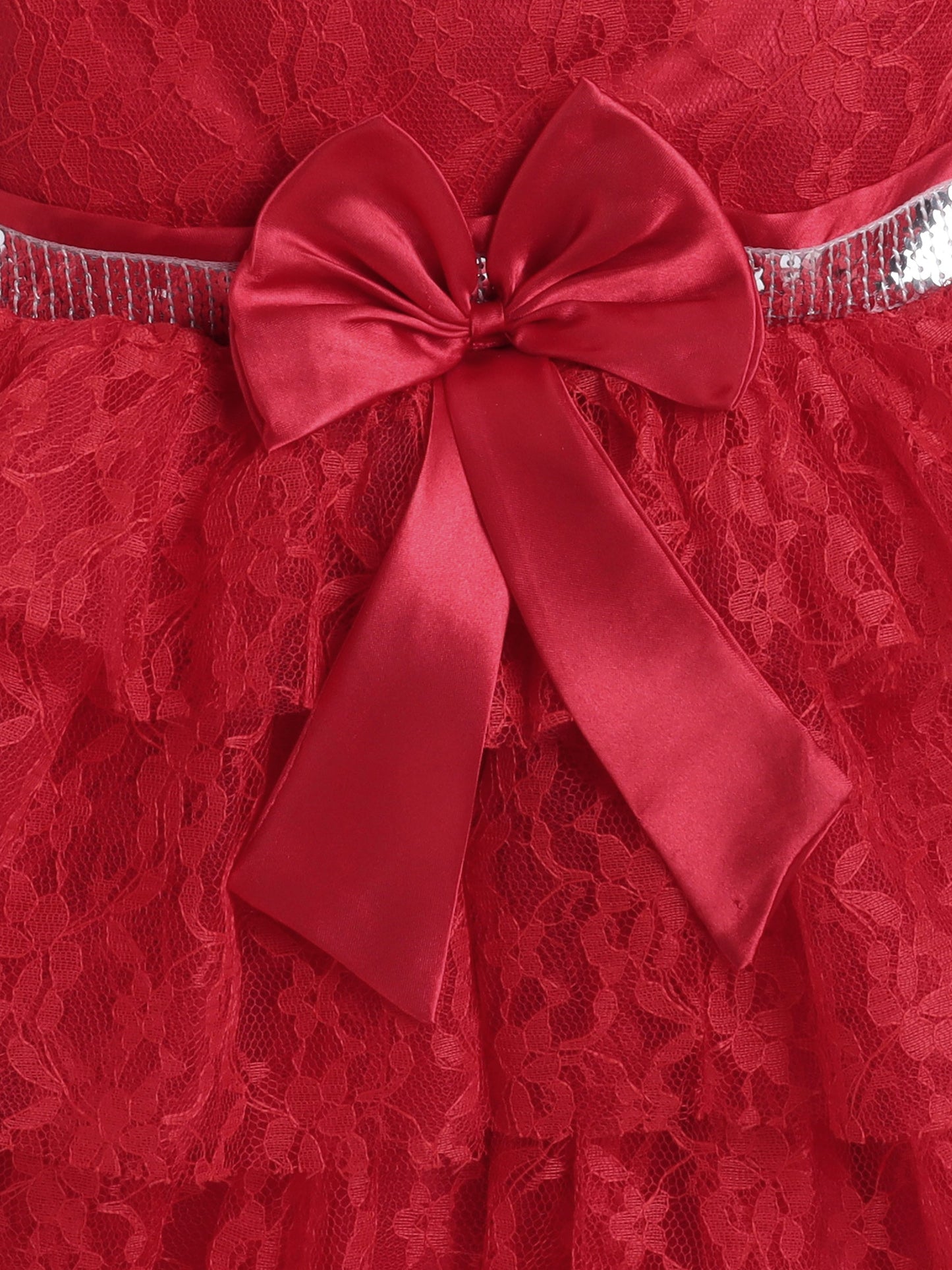 Sleeveless Floral Embroidered Sequins Embellished & Bow Applique Detailed Layered Dress - Red