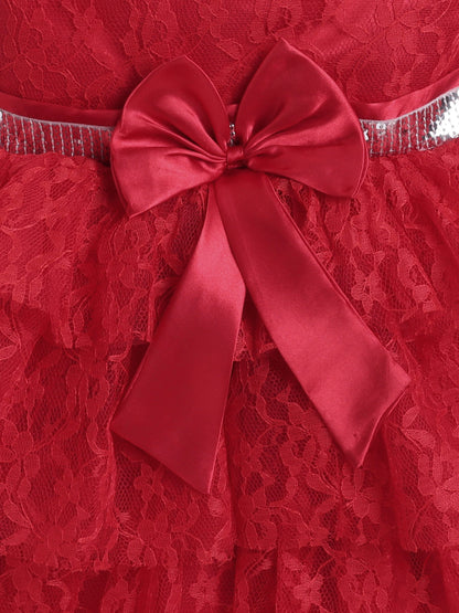 Sleeveless Floral Embroidered Sequins Embellished & Bow Applique Detailed Layered Dress - Red