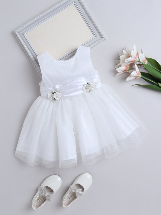 Sleeveless Swiss Dot & Floral Applique Detailed Dress - White