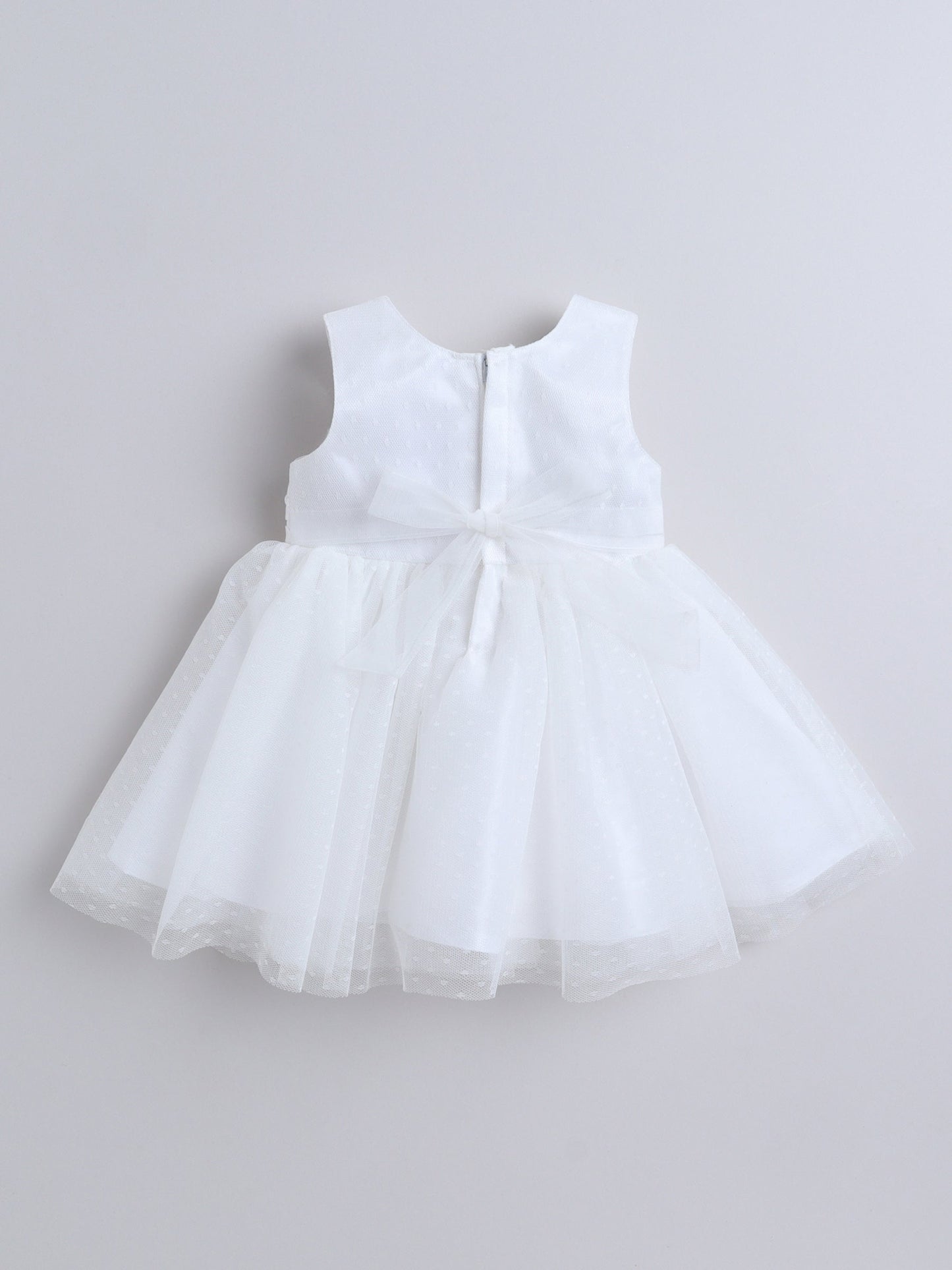 Sleeveless Swiss Dot & Floral Applique Detailed Dress - White