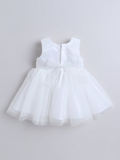 Sleeveless Swiss Dot & Floral Applique Detailed Dress - White
