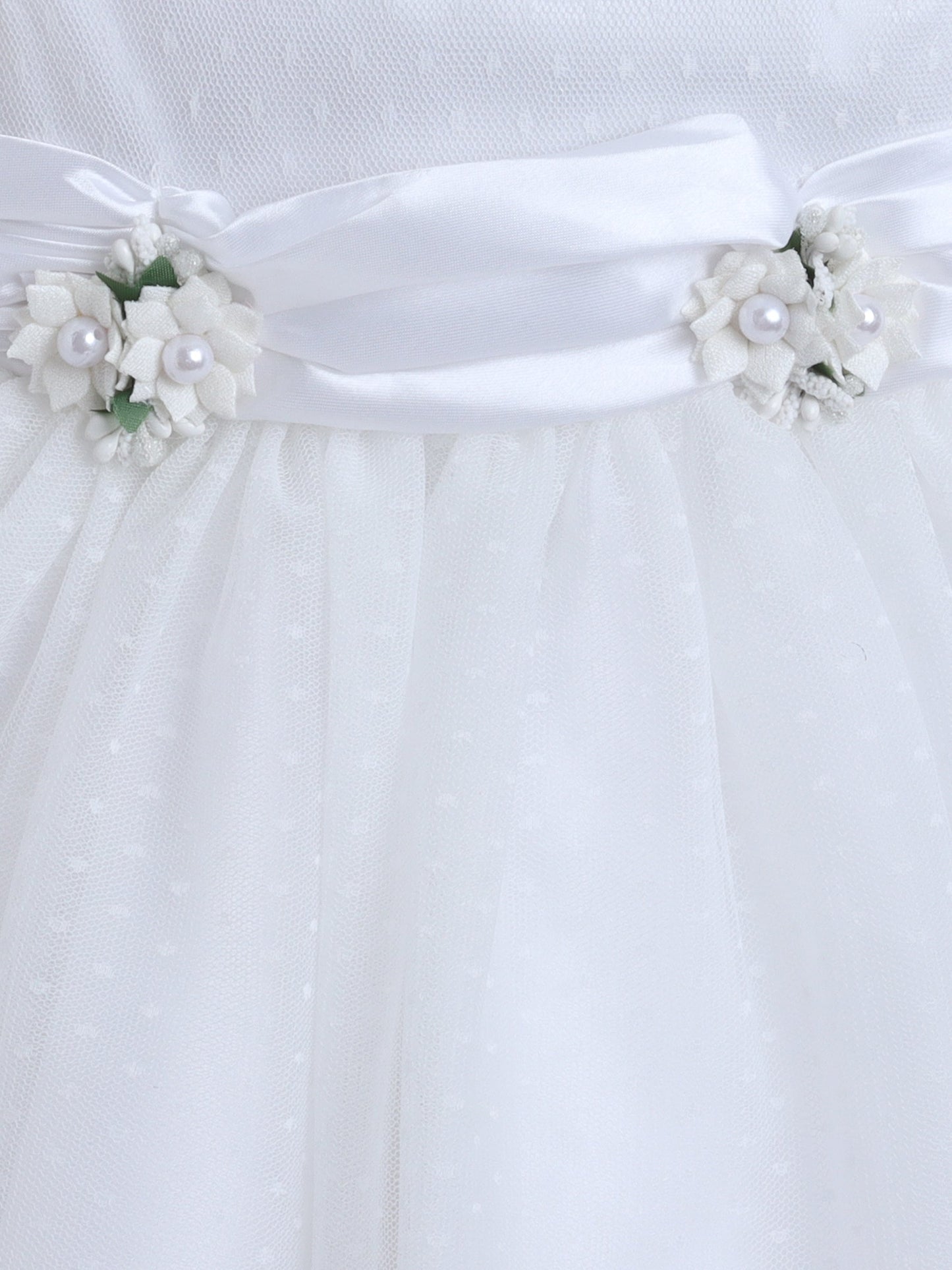 Sleeveless Swiss Dot & Floral Applique Detailed Dress - White