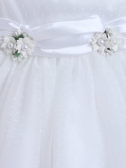 Sleeveless Swiss Dot & Floral Applique Detailed Dress - White